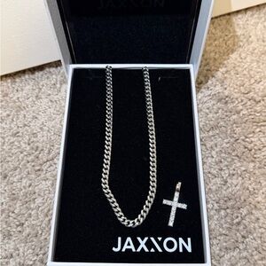 JAXXON Men's Silver Cuban Chain Necklace with Pavé Cross Pendant
